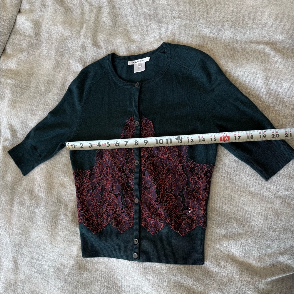 Carven Wool Cardigan Lace Panel Green Short Sleeve S - Picture 10 of 12